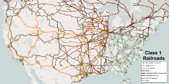 Map of major U.S. Class I railroads, intermodal terminals, and RoRo ports (illustrative)