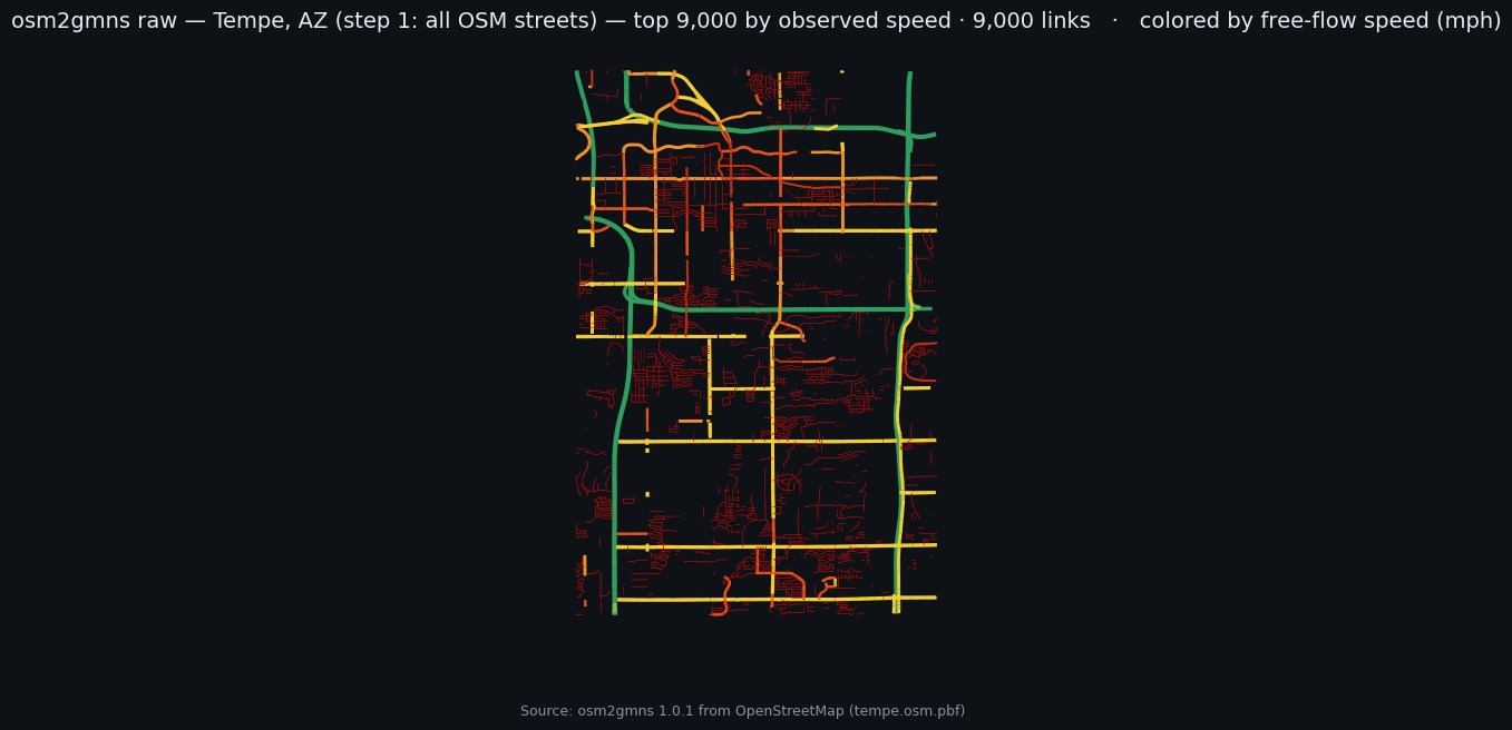 osm2gmns raw big map, all OSM streets, Tempe AZ