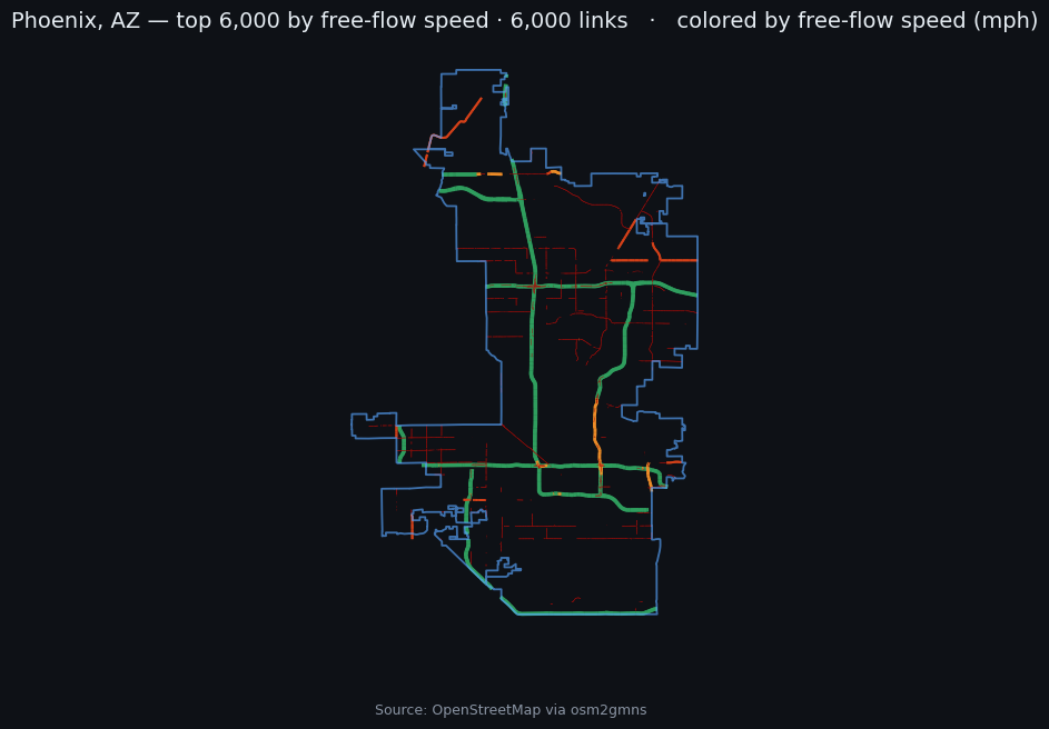 Phoenix AZ street network from OpenStreetMap, clipped to the city boundary